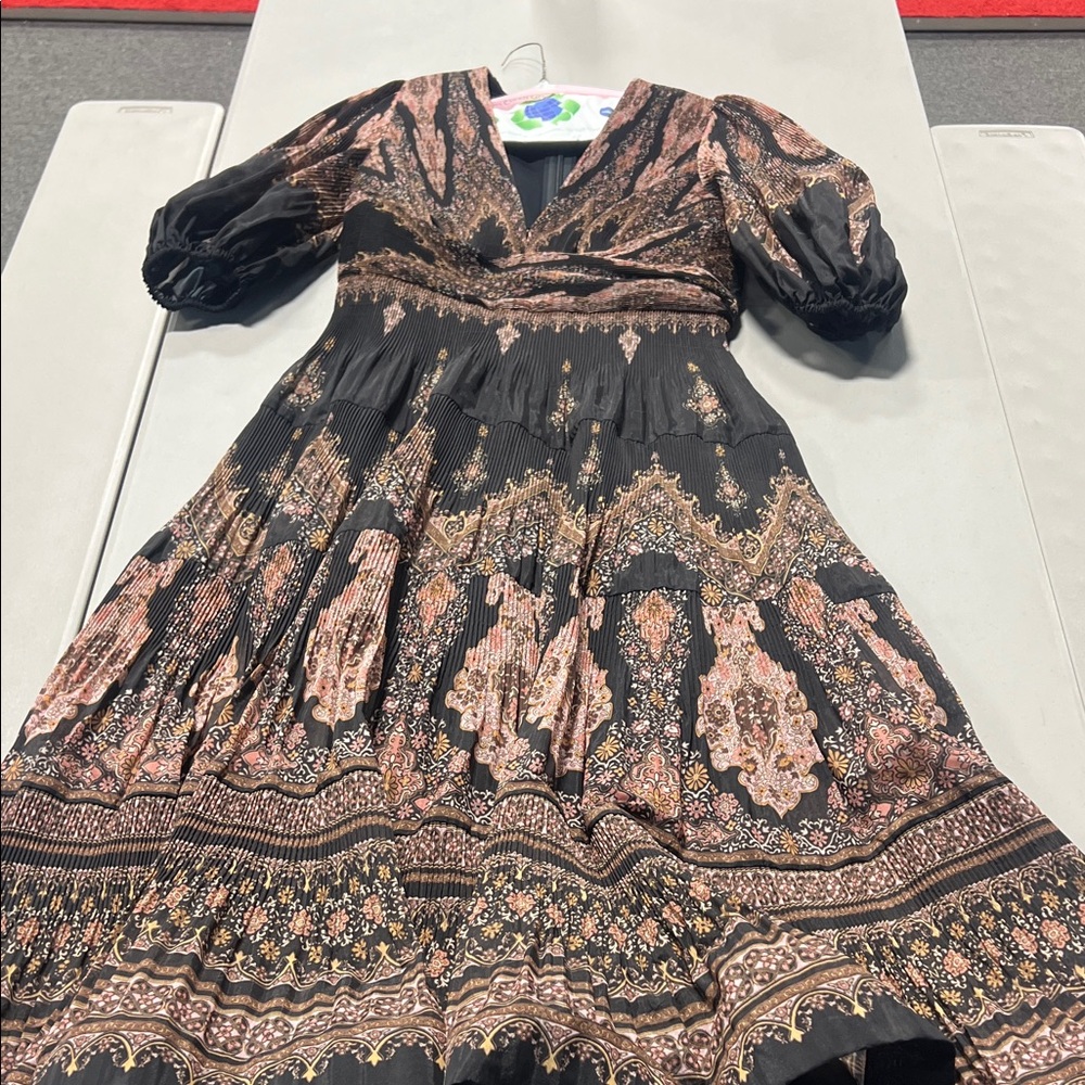 Zimmermann Black and Rose Metallic Paisley V-Neck Midi Dress